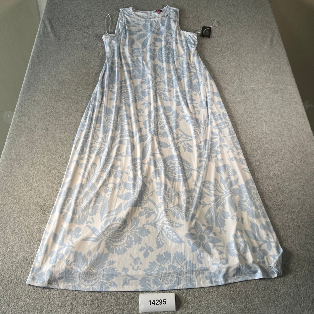 NWT Vince Camuto Maxi Sun Dress Womens XL Blue Floral Windswept Wonder Back Slit